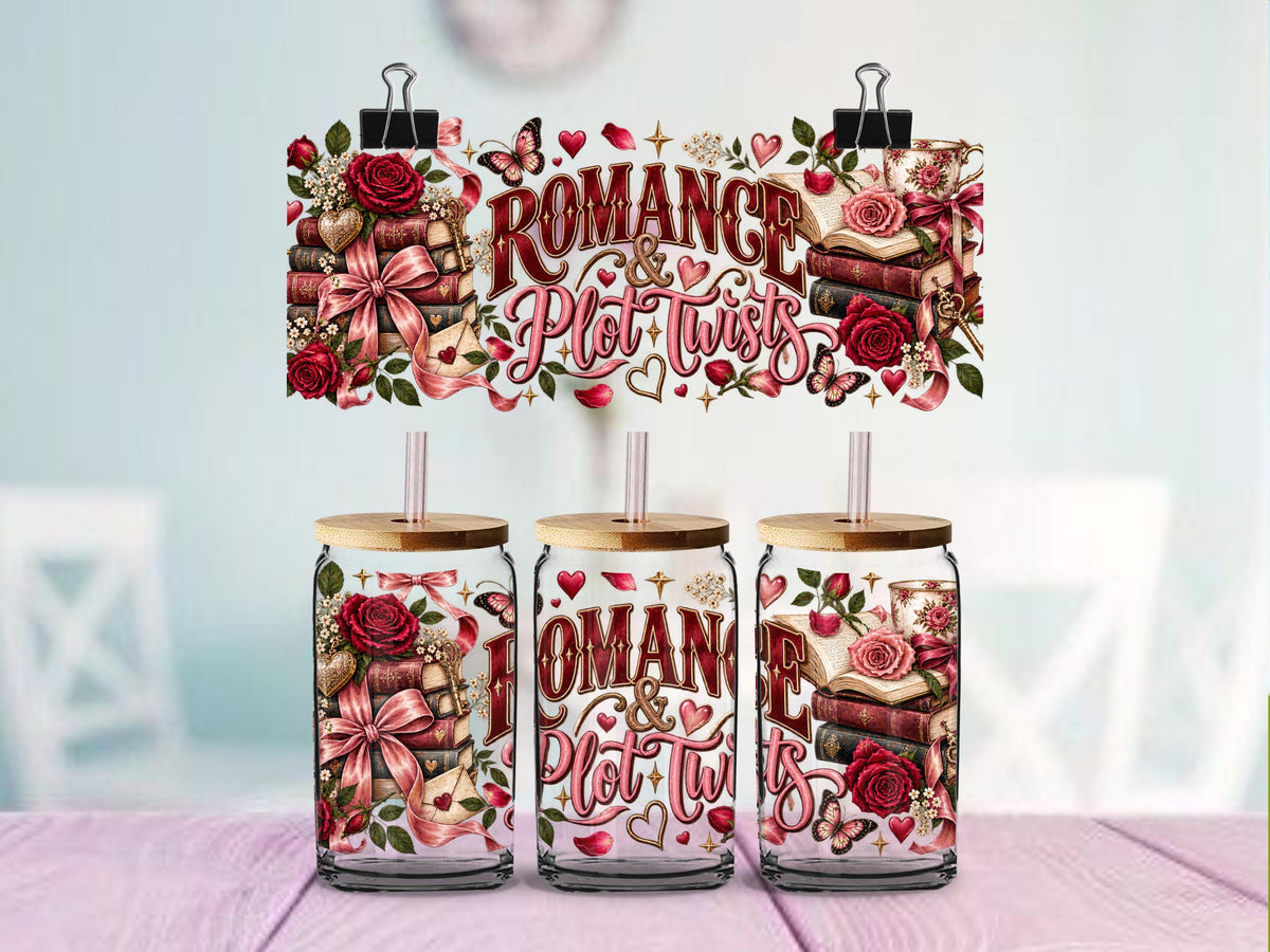 Romance & Plot Twists Book Lover Floral Design | 16oz Glass Can Wrap | Ready to Apply