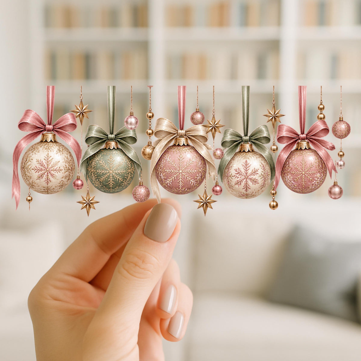 Vintage Christmas Ornaments Pink Sage Green & Gold Design | 16oz Glass Can Wrap | Ready to Apply