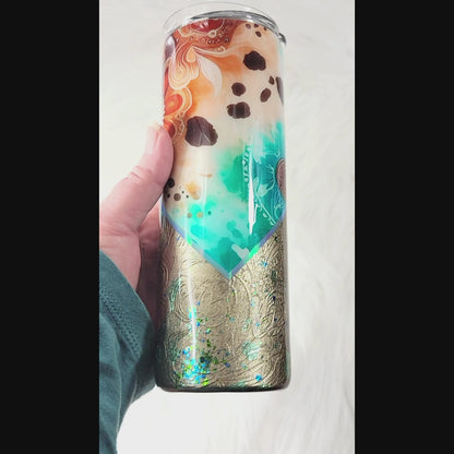 Golden Teal Floral Tumbler 20oz | Elegant Insulated Travel Cup