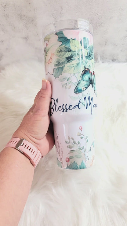 40oz Blessed Mama Tumbler | Floral Sublimation Stainless Steel Travel Cup