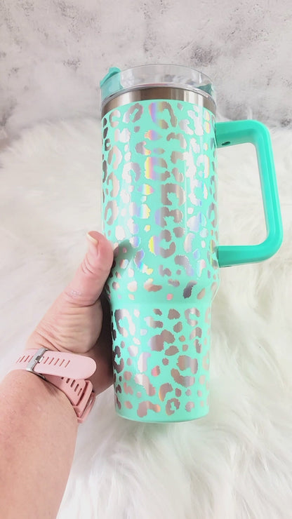 40oz Teal Leopard Engraved Tumbler | Stainless Steel Travel Cup