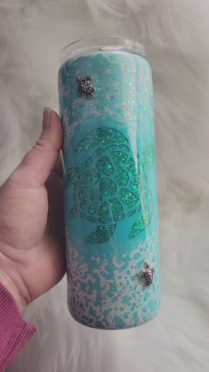 Sea Turtle 3D Glitter Epoxy Tumbler 20oz | Ocean Themed Stainless Steel Cup